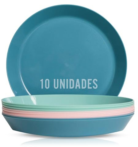 Mypicompany. Pack de 10 Platos de Plástico Duro en Tono Pastel para Fiestas, Camping, Piscina y Jardín. Aptos para Microondas y Lavavajillas