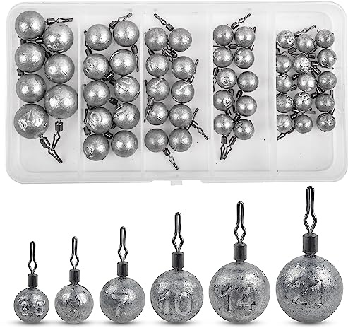 Drop Shot Weights Kit, 52pcs Round Fishing Weights Sinkers Bass Casting Drop Shot Sinkers Rig Cannonball Weights Assorted Set for Bass Fishing Freshwater Saltwater