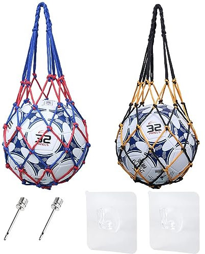 PFLYPF 2 stück Ballnetzbeutel, mit 2 Stück Ballpumpennadel und 2 Stück Haken, tragbare geflochtene Seiltasche für Ball, Ball geflochtene Seilnetztasche, große Seiltennistasche Balltasche