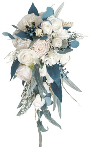 Bouquet de mariage, bouquet de mariée romantique en forme de larme de 10,2 x 19,7 pouces, bouquet de roses artificielles en cascade pour la mariée tenant un centre de table de mariage, blanc et bleu