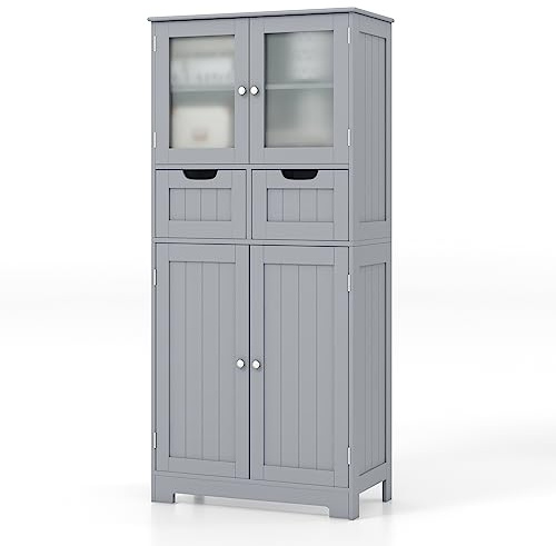 COSTWAY Meuble de Salle de Bain à 4 Portes 2 Tiroirs, Colonne Salle de Bain Armoire Haute avec Étagères Réglables pour Salon, Cuisine, 30 x 60 x 128 cm, Gris