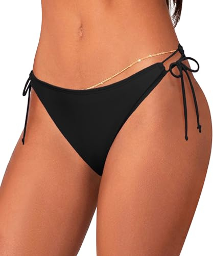 Coloquin Bas de bikini pour femme - Slip de bain taille basse à nouer sur le côté, Bas de bikini noir 01a, M