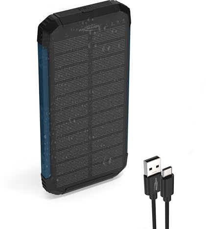 Ansmann PB212WLED Outdoor Powerbank with 5 W wireless charging, 3 W LED lamp and solar panel. 2× USB-A ports and a capacity of 10000 mAh