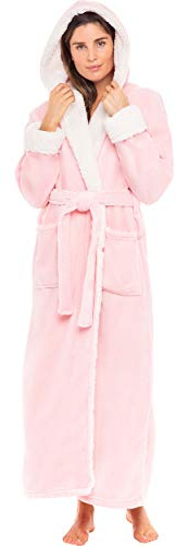 Alexander Del Rossa Sherpa Robes for Women Long, Womens Robes Long Hooded Bathrobes for Women, Plus Size Robe, Pink Rose Quartz With Cream, Large