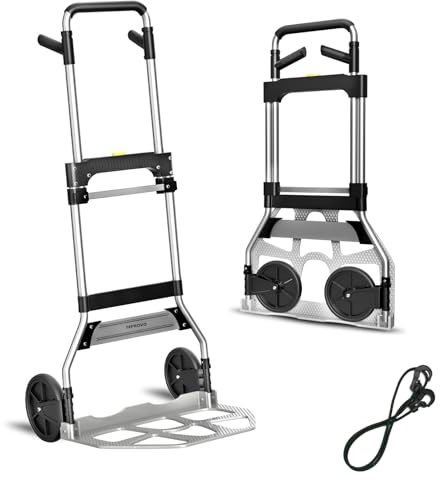 Teprovo Folding Hand Truck Dolly Cart,340LB Capacity Portable Aluminum Dolly Cart with Telescoping Handle and 7 Inch Rubber Wheels for Moving,Shopping,Travel,Office Use