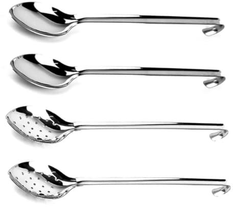 Chef-Hub Professional Serving Spoons with Hook Handles, 16 Inch, Set of 4, Silver, Solid & Perforated, Kitchen and Servingware, Spoon Set