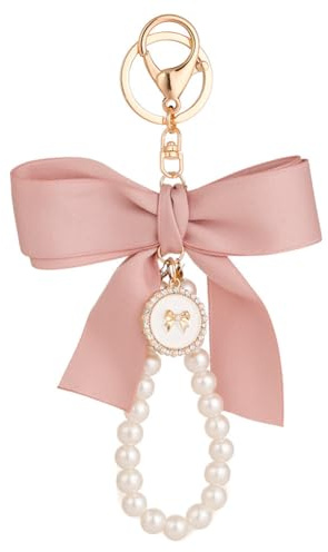 INSTITIZER Pink Pearl Bow Keychain Wristlet for Women Pearl Key Chains for Car Keychain Wallet Pendant Charms for Handbags