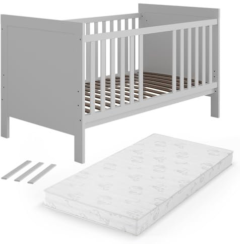 VitaliSpa Babybett Ajaton mit Matratze - Weiß 144x83x81 cm gefertigt aus Spanplatte - Kinderbett mit Rausfallschutz abgestimmt auf Neugeborene und Babys, mit herausnehmbaren Schlupfsproßen
