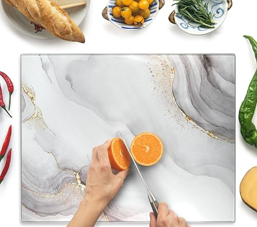 Tabla de cortar de cristal de 50 x 40 cm: protector de encimera de vidrio para cocina, duradero, higiénico, resistente a los arañazos, al calor, fácil de limpiar, blanco y dorado
