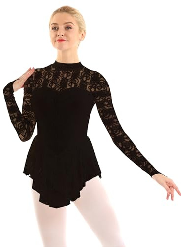 Moggemol Figure Skating Dress for Women Mock Neck Lace Ice Skating Skirt Ballet Dance Leotard Dress Black M
