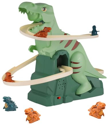 Kinder Achterbahn Spielzeug - Sound & Lichter Dinosaur-Bahn mit 3 kleinen Dinosaurier Auto, Rutschbahn mit Elektrischem Treppensteiger, Geburtstag / Kindertag Geschenk für Jungen & Mädchen 25-412-03