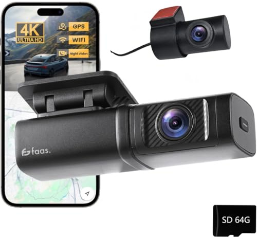 Faas S80 Dashcam Voiture 4K Ultra HD Avant et Arrière – Caméra de Voiture avec Carte 64Go Incluse, WiFi, Vision Nocturne, G-Sensor, Mode Parking & Grand Angle 160°