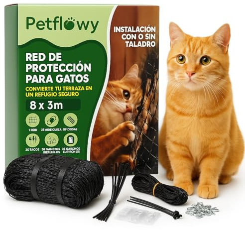Petflowy Red para Gatos Terraza Reforzada con Acero 8 x 3 m. con o SIN Taladro. Kit de Instalación Incluido Red para Gatos Ventanas y Balcones