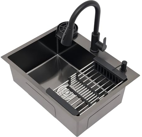 Fregadero de cocina negro de acero inoxidable 60x45 cm, fregadero empotrado de 1 seno con grifo extraíble, cesta de escurrido, dispensador de jabón y dispensador de detergente, resistente a los