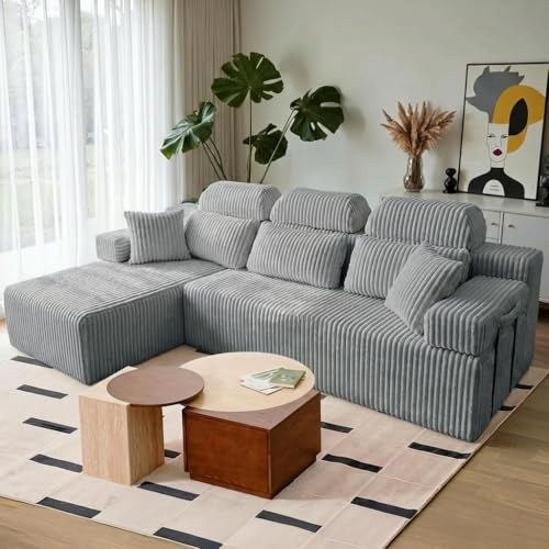 HOMRELEXA 270cm Corner Sofa with High Backrest, Corduroy Boneless Couch