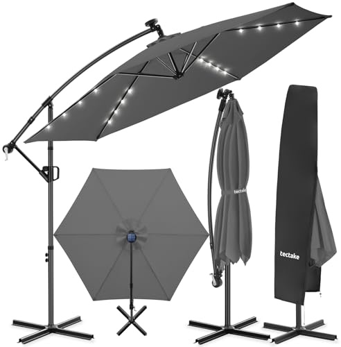 tectake® Ombrellone da Giardino 3x3 m, Ombrellone a Braccio Girevole 360° con Strisce Led a Energia Solare, Protezione UV 50+, Idrorepellente, Inclinabile, Base in Acciaio a Croce, Manovella - Grigio