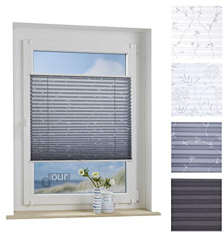 ourdeco® Plissee / 80 x 210 cm Grau, bedrucktes Blumenmotiv Ranke/lichtdurchlässig, Blickdicht/Farbe: Grau Ranke/Klemmen=Montage ohne Bohren=Smartfix=Klemmfix-Plissee=Easy-to-fix