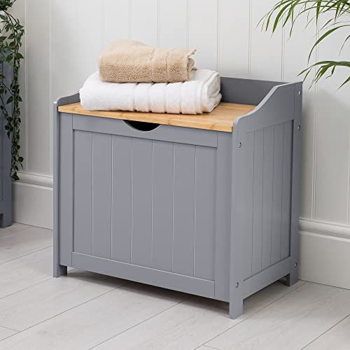 CHRISTOW Laundry Bin For Bathroom, Wooden Grey & Bamboo Laundry Storage Box, Free Standing Towel Chest, Linen Cabinet