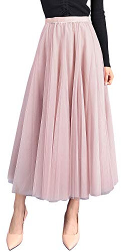 Damen Rock Sommer Langer Tüllrock A-Linie Faltenrock 83cm Länge Knöchellang Hoher Bund Schick Maxirock Elastisch Taille, Rosa