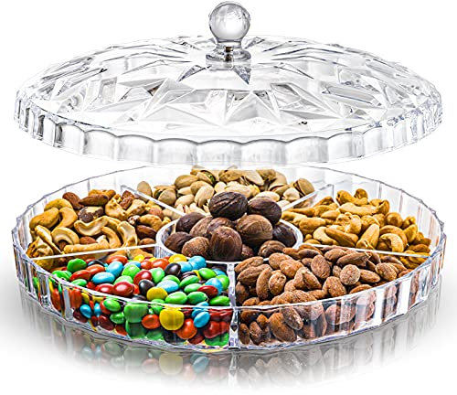 ZOOFOX Snack Serving Tray, 12 Appetizer Tray with Lid, 6 Compartments Round Plastic Food Storage Organizer for Dried Fruits, Nuts, Candies, Sweet Cookies and Fruits (Clear)