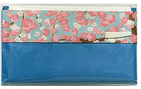 Mino Washi Kaishi Set, Japanese Tea Ceremony Pocket Sheets, 30 Count with Yuzen Design Pouch and Pick (5.7 x 6.9 in Sheets) Blue