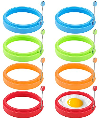 8 Pack Silicone Cooking Rings, 4-Inch Non-Stick Mold for Perfect Round Eggs, Pancakes, Veggie Patties & More | Dishwasher Safe, BPA-Free (Red, Blue, Green, Orange)