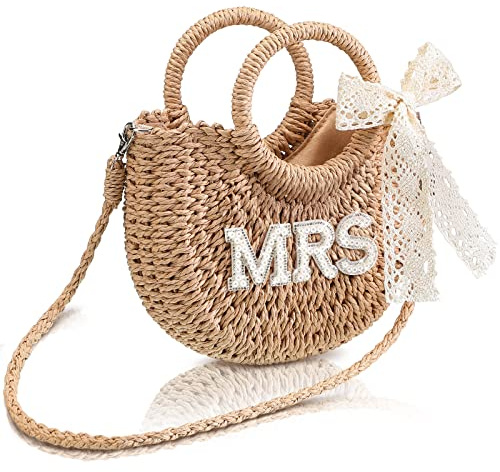 Bride Gift Bride Straw Purse Mrs Handwoven Bag Rhinestone Letter Bag Bachelorette Honeymoon Wedding Bridal Shower(Mrs)