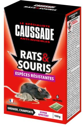 CAUSSADE Anti Rats & Souris - Efficacité Radicale - Lieux Secs - 6 Sachets Céréales - Prêt à l'emploi - Une Ingestion Suffit - Fabriqué en France - 150g CARSCBR150
