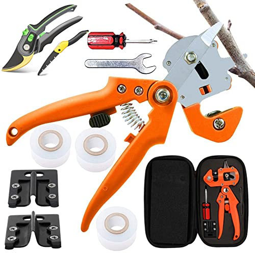 Profi Gartenschere Set, Gartenschere Veredelungszange, Pfropfen Werkzeug Kit Pfropfschere Garten Ratschenschere Professional Garten Veredelungsschere für Blumen Obstbäume Zweige, Orange,Style2