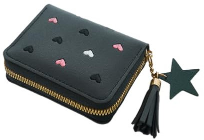 Süße Geldbörse für Mädchen und Jungs Damen mini Portemonnaie aus weichem PU Leder Herzen Stickerei mit Reißverschluss,Und Sternquaste Anhänger Münzfach und Kartenfächern (schwarz)