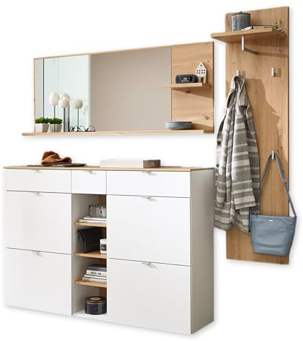 BARI Flurgarderoben Set in Weiß, Artisan Eiche Optik FSC-Zertifiziert - Modernes Garderobenset 3-teilig für Ihren Eingangsbereich - 208 x 202 x 38 cm (B/H/T)