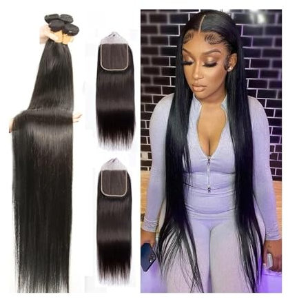 Haarverlängerungen Knochengerade Bundles mit Verschluss, Echthaar-Webart-Verlängerung, natürliche Farbe, gerade, brasilianisches Remy-Haar, Bundles mit Frontal for schwarze Frauen Echthaarbündel (Siz