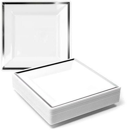MATANA 100 White Square Plastic Dessert Plates with Silver Rim – 16.5cm / 6.5 Reusable Side Plates for Weddings, Birthdays, Picnics, BBQs & Parties