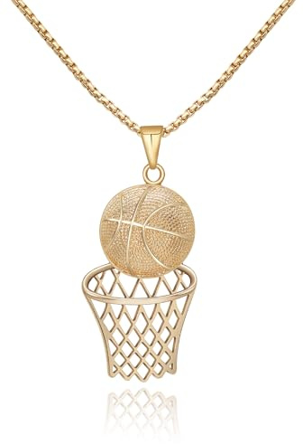 AILUOR Basketboll ring halsband för män, rostfritt stål basketkedja 14K guldpläterad kubisk zirkonia basket hänge halsband hiphop basket fälg sport halsband smycken, Kubisk zirkon, Kubisk zirkonia