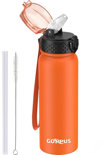 GOPPUS Borraccia in acciaio inox da 600 ml, con cannuccia, isolamento a doppia parete, con cinghia, riutilizzabile, sottovuoto, a prova di perdite, mantiene le bevande fredde, con coperchio