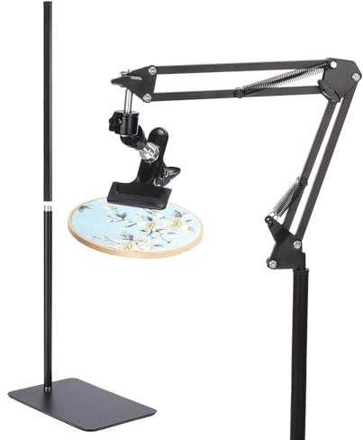 PATIKIL Embroidery Hoop Stand, 360 Degree Adjustable Embroidery Hoop Holder Metal Stand with Phone Holder for Sewing Cross Stitch Embroidery, Black