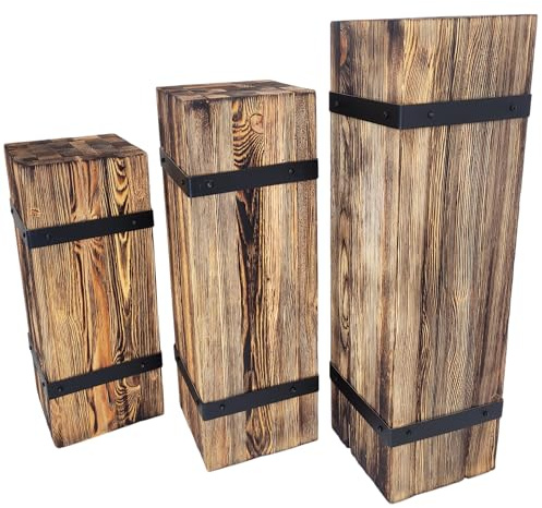 weeco Juego de 3 columnas decorativas de madera, base rústica, soporte para plantas y columnas decorativas, madera de pino maciza, tratada con llama, con anillos de metal, 70 cm, 60 cm, 50 cm, 25 x 25