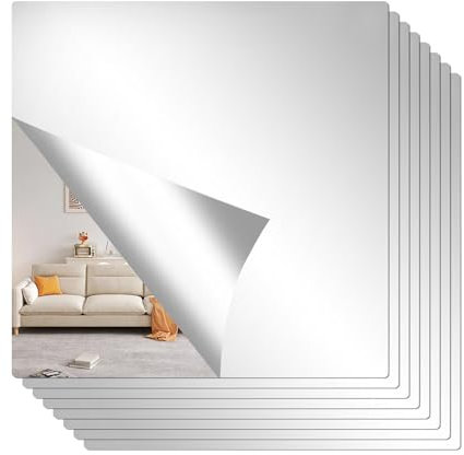 8 Pcs Flexible Mirror Sheets, Sticky Acrylic Mirror Tiles, Acrylic Mirrors Stickers, Small Square Self-Adhesive Stick on Mirrors for Walls Wardrobe Doors Bathroom Bedroom Living Room (20 x 20 cm)