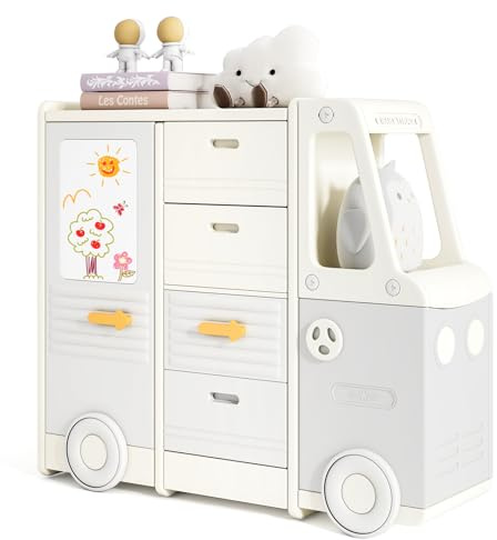 GOPLUS Organizador de Juguetes para Niños, Armario de Almacenamiento Infantil con 4 Cajones Extraíbles, Armarios Cerrados, Tablero de Dibujo, Estantería en Forma de Coche para Sala de Juegos