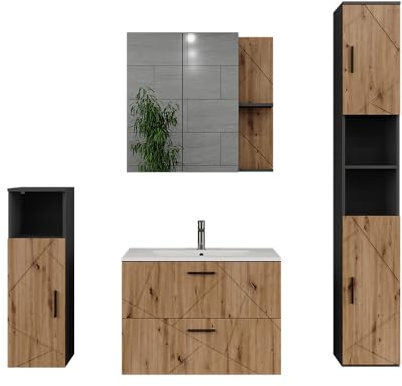 Vicco Ensemble Salle de Bains Irma Anthracite/Chêne doré 80 cm | composé de meuble sous-lavabo, lavabo, armoire murale, colonne et demi-colonne