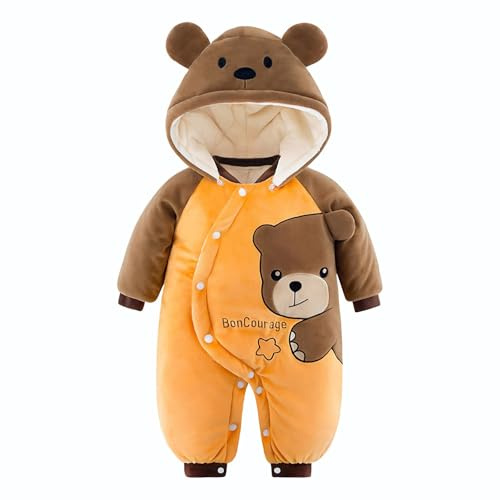 Minizone Baby Hooded Winter Rompers, Boys Snowsuit with Footies and Hat Winter Outfits Jumpsuit Overall 3-6 Months Brown Bear
