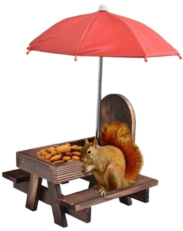 Fyrdyn Distributeur de Nourriture pour Écureuils Extérieur - Table de Pique-Nique pour Écureuils et Oiseaux avec Parasol,Porte-Épis de Maïs en Bois, Station d'alimentation pour Animaux pour Patio,
