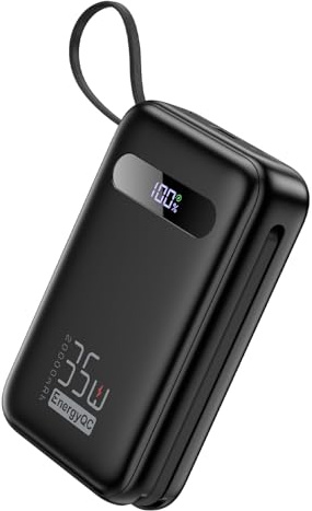 EnergyQC 20000mAh Portable Charger, 35W PD 3.0+QC 4.0 Fast Charging Power Bank with Built-in Lightning & USB-C in&Out Cables, Travel Battery Pack for iPhone 16/15/14/13, Samsung, iPad, Android, Black