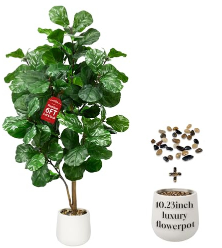 Keeplush Faux Fiddle Leaf Fig Tree 6ft Tall Indoor Fake Tree in White Pot with 106 Leaves Artificial Ficus Lyrata House Plant for Indoor Home Office Bedroom Living Room Decor Perfect Housewarming Gift