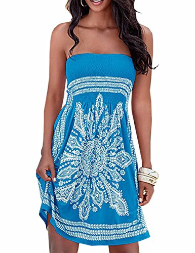 EMMA Verano sin Tirantes de Hombro Mujer Bohemia Falda Casual Estampado Floral Colorido Mini Vestidos de Playa, (BE,M)