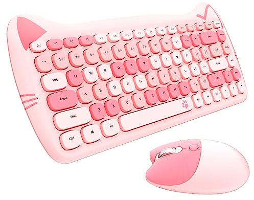 Yunseity 2.4G Wireless Keyboard and Mouse Combo, Cute Cat Shape Retro Colorful Compact Keyboard, for Windows, OS X, Android System(Powder Mix)