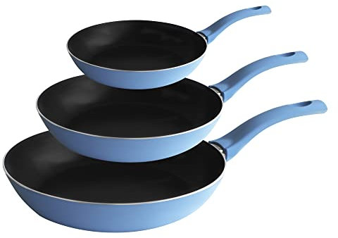 PINTINOX Prima Collection Set 3 Padelle in Alluminio Portofino, antiaderente a 5 strati, manico anti-scottatura, diametro 20, 24 e 28 CM, colore: Blu Mare. Adatte a tutti i fuochi tranne l'induzione