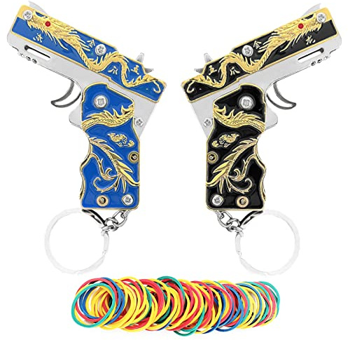 2pcs mini gold dragon rubber band gun Metal folding keychain New and interesting ideas Rubber band toy gun outdoors party gift, Multicolor, Mini