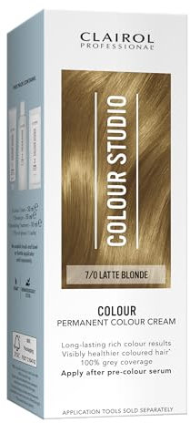Clairol Colour Studio Permanent Colour Cream | Hair Dye | Long-lasting Rich Tones | 100% Grey Coverage | Dermatologically Tested Vegan Formula | Hair Colouring Kit | Latte Blonde 7/0 I 50ml
