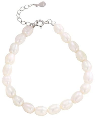 Hmzidz Bracciale di Perle d'Acqua Dolce Bianche,Bracciali Donna in Argento 925,Braccialetti Bambina e Irregolari Perle Barocco,Braccialetto Bigiotteria per Mamma e Figlia,Regolabile (23)